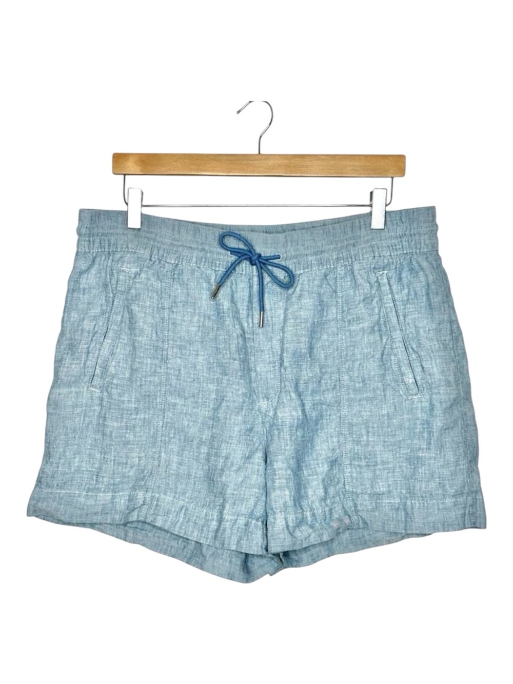 Athleta Retreat Linen Shorts Size 14 Chambray Blue 4" Inseam Pull On Casual
